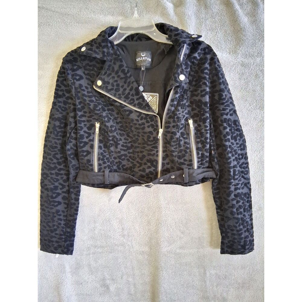 Killstar Sz Lg Claw Black Biker Cropped Jacket Flocked Leopard Print Goth New - Picture 12 of 12